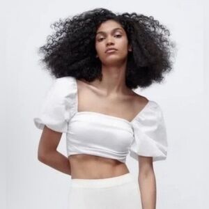 ZARA White Puff Short Sleeve Square Neck Ribbed Crop Top Size Small